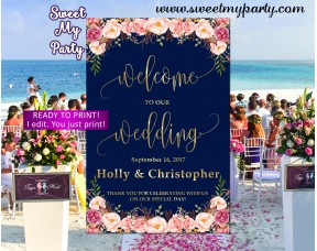 Floral Wedding Welcome Sign,Floral Navy Wedding Welcome sign,(055w) 